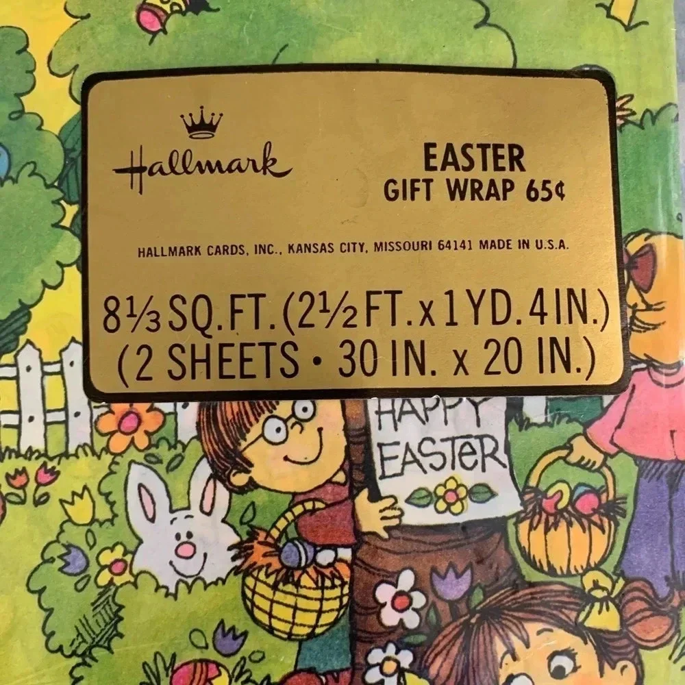 VINTAGE Happy Easter Hallmark Wrapping Paper Sealed 2 Sheets Egg Hunt Dog Kids